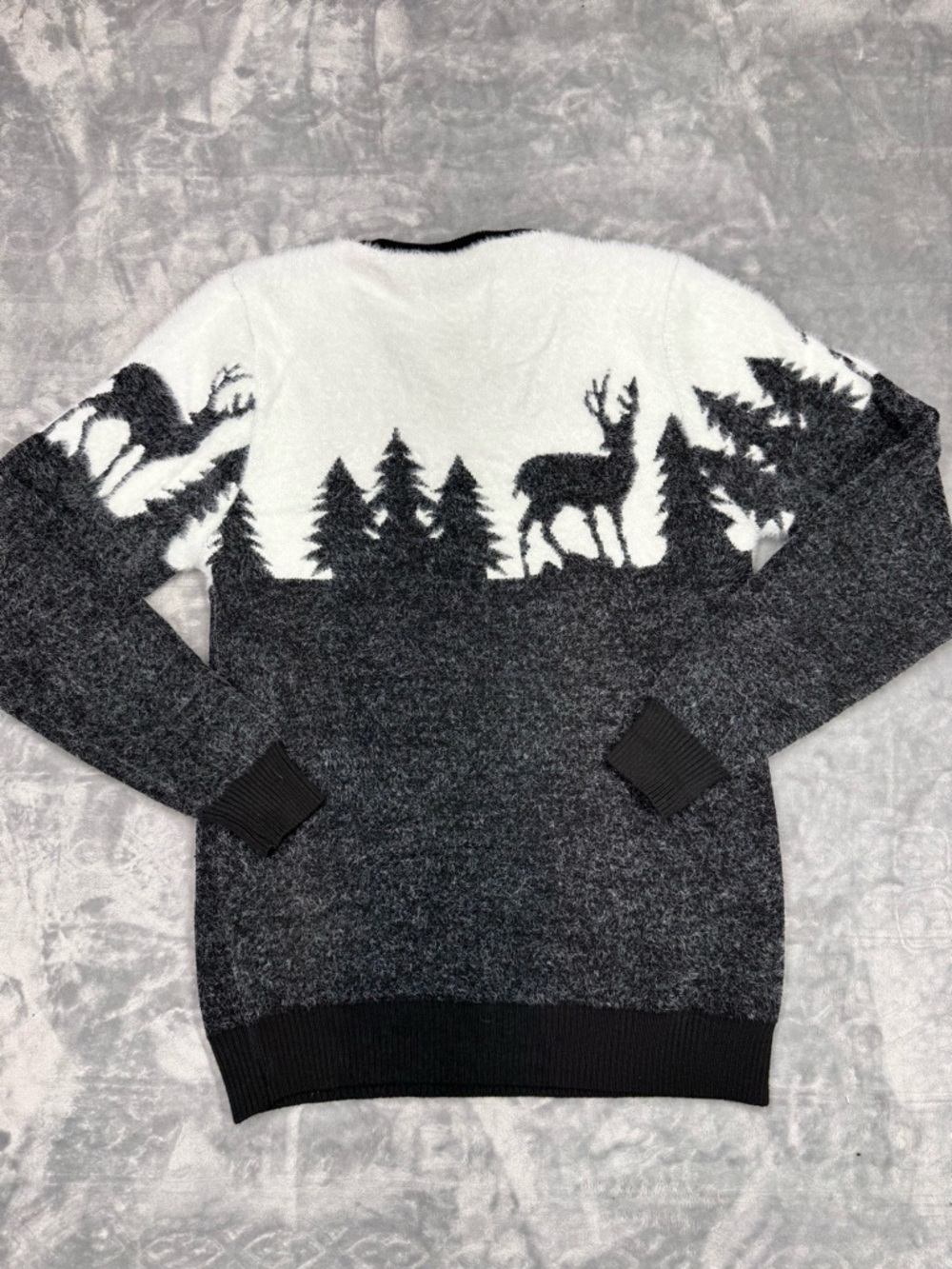 Women’s Black and White Crewneck Sweater with Deer Design - Picture 3 of 7